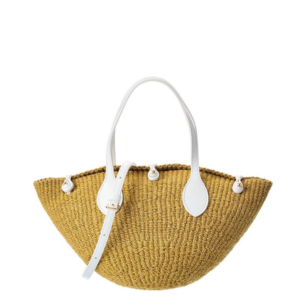 Celine Triomphe Beads Small Sisal & Leather Basket Tote, White